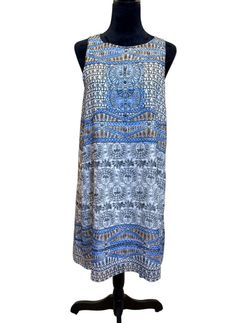 Max Studio Blue White Tribal Print Sleeveless Summer Shift Dress Medium